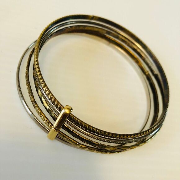 90s Style Gold Silver Tone Metal Bangles Hammered & Geometric Design - Picture 5 of 5